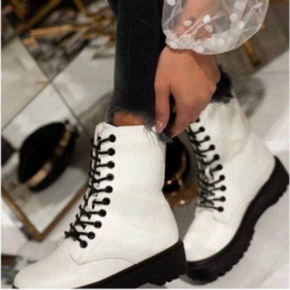 !! RESTOCKED !! White Vegan Leather Lace Up Combat Boots - Picture 11 of 11